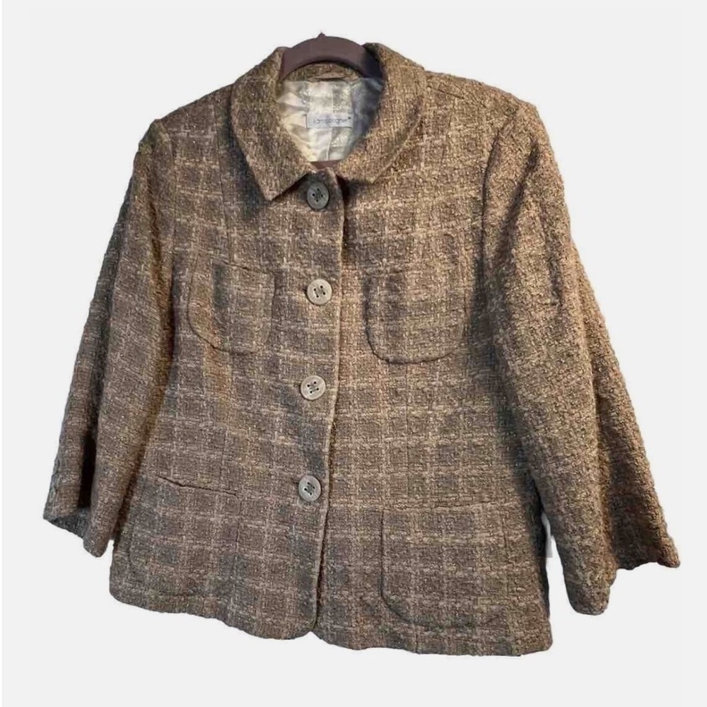 Sonia Bogner Tan Gold‎ Metallic Tweed Wool Silk Blazer Jacket Womens US 12 L